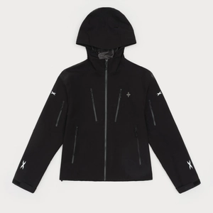 Schwarze winddichte Funktionsjacke mit wasserdichten Reißverschlüssen und Klettverschluss