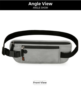 Detail of grey RFID-blocking running belt with honeycomb texture and secure zippers
