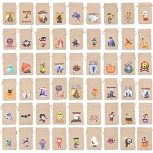 Matrix layout of Halloween burlap drawstring bags with pumpkin and ghost cartoon prints