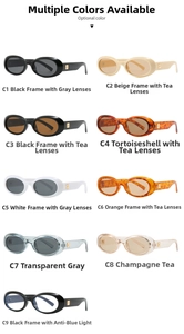 Grid view of vintage oval sunglasses in nine colors including tortoiseshell and beige