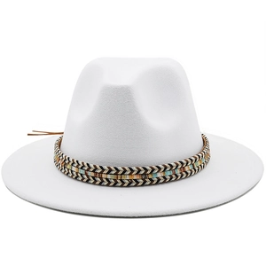 Ethnic Style Cashmere Fedora Hat For Men Women Wide Brim Jazz Hat With Decorative Woven Band Autumn Winter Flat Top Felt Hat