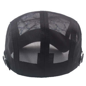 Breathable black mesh flat cap for women with adjustable metal buckle and sun protection