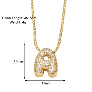 Detailed size parameters of gold letter A pendant necklace with cubic zirconia