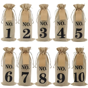 Set of 10 numbered burlap wine gift bags with drawstrings and hanging kraft tags