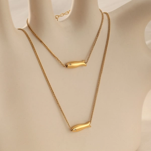 Minimalist double layer stainless steel fish pendant necklace with gold plating and small crystal