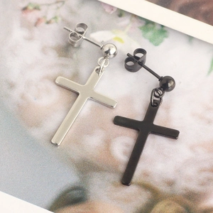 Detailed view of silver and black stainless steel cross pendant earrings for men