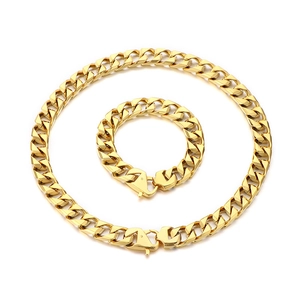 Polished gold stainless steel Cuban link chain necklace and bracelet jewelry set for men