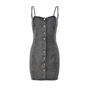 Detail of slim fit dark grey washed denim mini dress with front button closure
