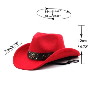 Detail of red western cowboy hat with sizing metrics and vintage metal buckle strap
