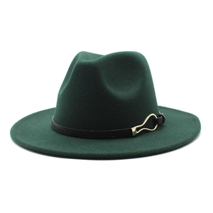 Deep dark green wool fedora hat with black leather band and gold buckle on white background