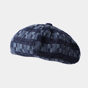 Classic tweed beret hat in navy and white contrast weave with vintage top button detail