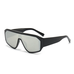 Fashionable black oversized wrap-around sunglasses with silver mirrored lenses for cycling