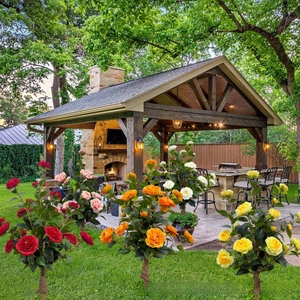 Detailed view of colorful artificial camellia trees for indoor and outdoor decoration