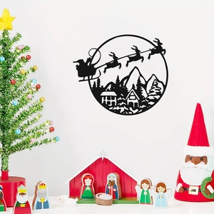 Black round Christmas wall decal featuring Santa and reindeer silhouette for home decor