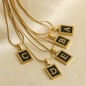 Square Letter Pendant Necklace 18K Gold Plated Stainless Steel Black Enamel Initial Snake Bone Chain For Women Retro Jewelry