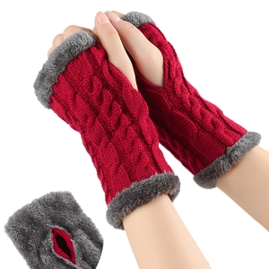 Winter Fingerless Gloves Knitted Acrylic Faux Fur Trim Arm Warmers Twist Pattern Thick Warm For Women