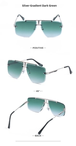 Detail view of rimless square sunglasses with silver metal frame and green gradient lenses