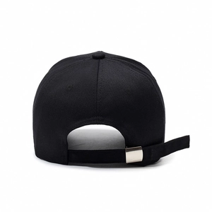 Rear view of a black cotton baseball cap featuring an adjustable silver metal buckle