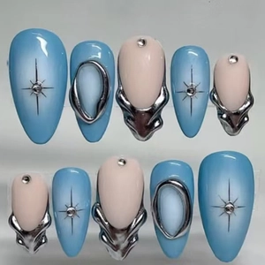 3D Starburst Press On Nails Silver Metallic French Style Blue Pink Gradient Almond Shape False Nails Rhinestone Glamour