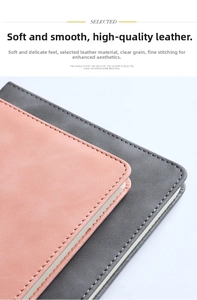 Detailed close-up of premium PU leather texture and fine stitching on A5 business notebooks