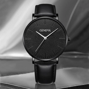 Fashion casual men's sport quartz watch with black leather strap and Geneva dial