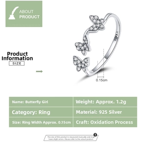 Macro detail of S925 sterling silver butterfly ring with cubic zirconia settings