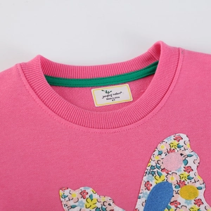 Rosa Baumwoll-Sweatshirt für Mädchen mit Blumen-Schmetterlingsstickerei und Rundhalsausschnitt