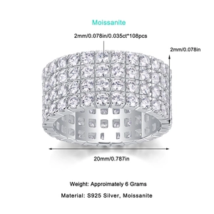 Detailed view of wide S925 silver ring featuring four rows of 108 moissanite stones