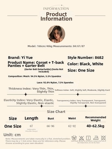 Detailed size guide for sexy lace bodysuit set featuring adjustable straps and fabric specs