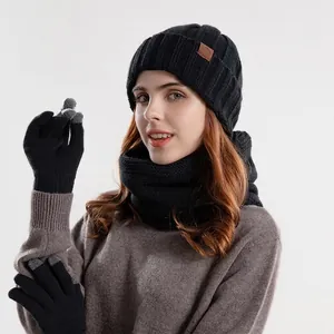 3-piece winter set including black knit beanie, neck warmer, and touch-screen gloves