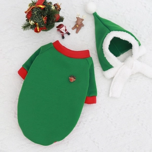 Christmas dog hoodie and hat set in forest green with festive reindeer embroidery