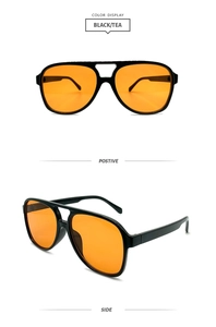 Front and side views of vintage pilot sunglasses with black frame and tea-colored lenses