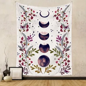 Polyester Moon Phase Floral Tapestry Bohemian Mystery Nature Wall Hanging Blanket For Living Room Bedroom Home Decor