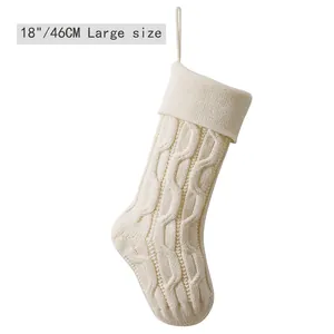 18 inch cream white knit Christmas stocking with classic cable stitch and hanging loop