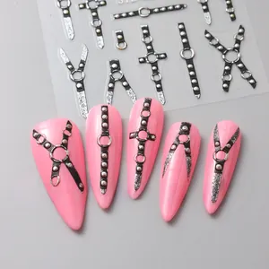Detailed 5D dark punk style nail art stickers with silver rivets and cross embossed design