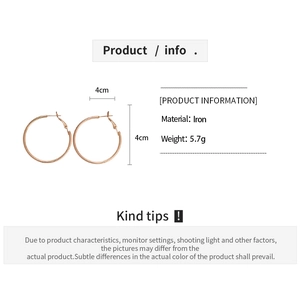 Detailed specs of rose gold 4cm iron hoop earrings weighing 5.7g with pin closure