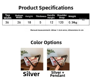 Size chart for silver cleaver-shaped crossbody bag with Halloween bone pendant