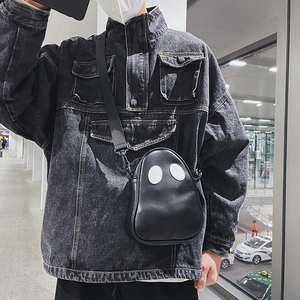 Funny ghost-themed black crossbody bag in high-quality PU leather with adjustable strap