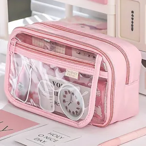 Pink multi-layer large capacity pencil case with transparent front window for stationery