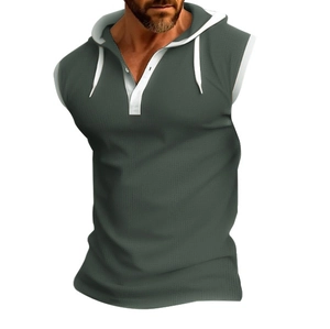 Detail of dark green hooded vest featuring white contrast henley neck and mesh texture