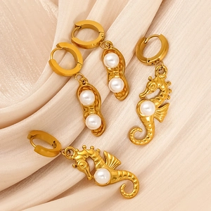 Seahorse Peanut Earrings 18k Gold Plated 304 Stainless Steel Imitation Artificial Pearl Ocean Theme Vintage Jewelry Women Waterproof