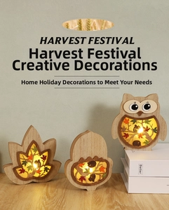 Luminous Harvest Festival wooden ornaments with owl and maple leaf silhouettes