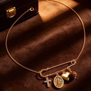 Detail of a gold safety pin necklace with cross, Virgin Mary, heart and wooden bead charms