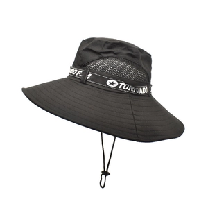 Detail of outdoor sun hat with breathable mesh side panels and adjustable chin strap