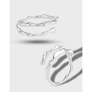 Minimalist double-layer irregular wavy S925 sterling silver open ring in metallic silver