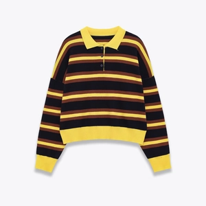 Striped Knit Polo Sweater Long Sleeve Button Front Casual Retro Pullover Jumper For Women Polyester Knitwear