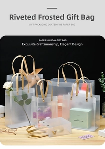 Detail of frosted PP gift bags with metal rivets and textured brown rope handles