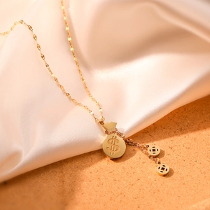Gold-plated titanium steel necklace with dollar sign money bag pendant on silk