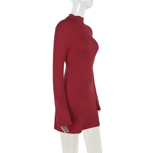 Détail d'une robe courte bordeaux moulante avec col montant et manches longues sur mannequin