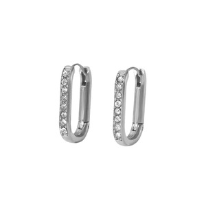 Silver U-shaped stainless steel hoop earrings with white zircon stones on white background